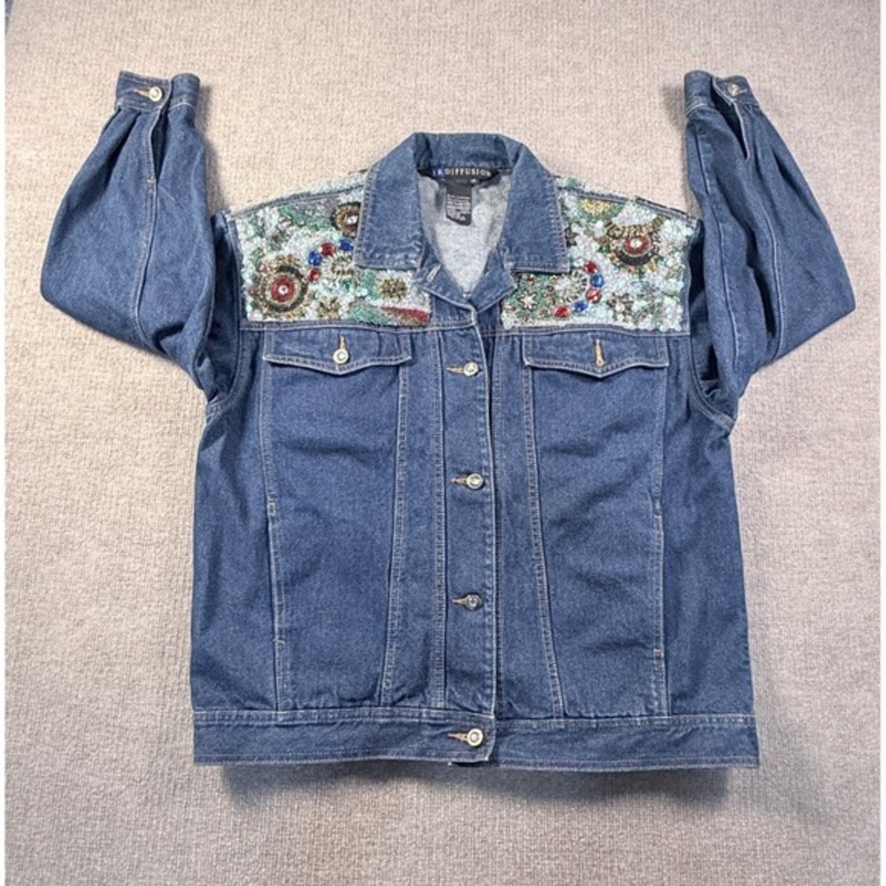 I B Diffusion Womens Medium Beaded Sequin Embellished Denim Jacket